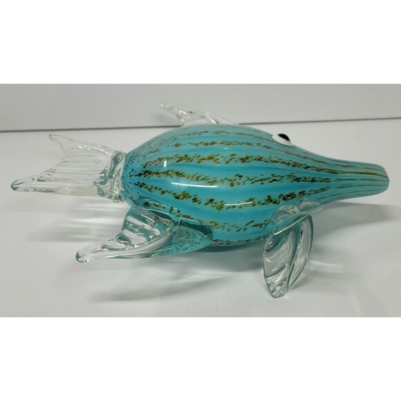 Murano Style Blown Art Glass Tropical Fish 10"L x 8" Teal w Stripes EUC - Picture 5 of 7